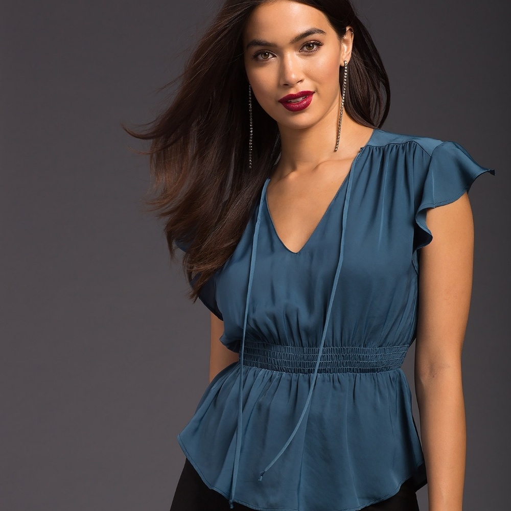Blue Satin Peplum Top